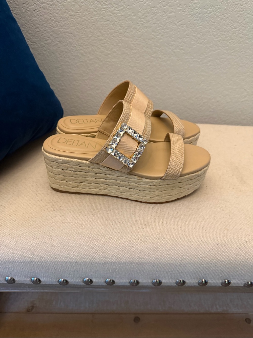 Rhinestone Buckle Slide Mules in Beige